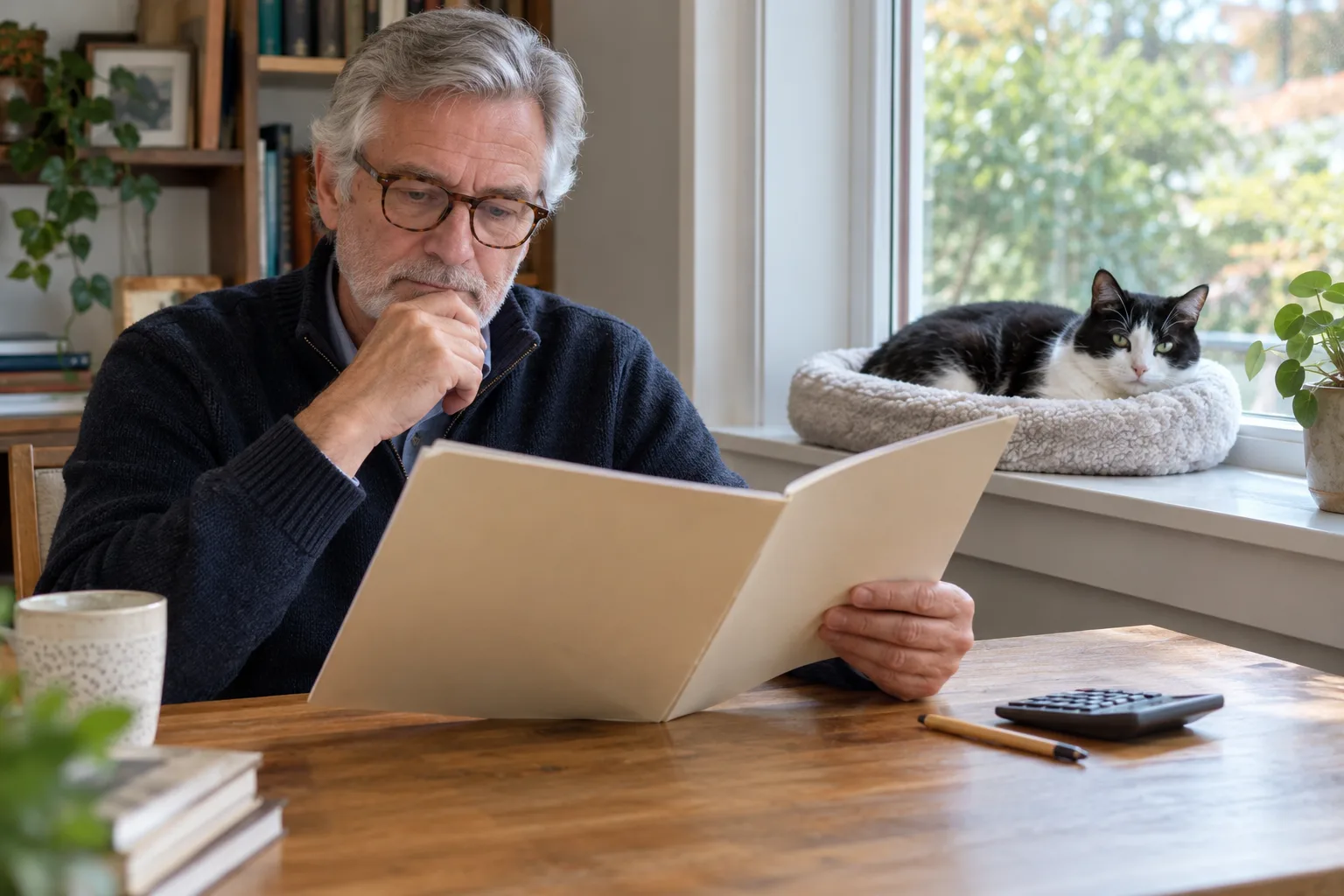 Man reviewing a folder at a desk with a black-and-white cat resting by the window