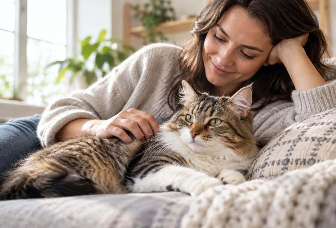Owner relaxing beside a long-haired tabby cat on a blanket